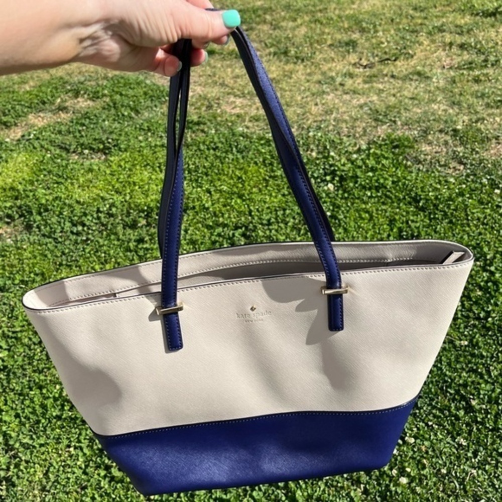 Kate Spade Large Tote Bag Grey & Blue Leather Oversized Shoulder Bag